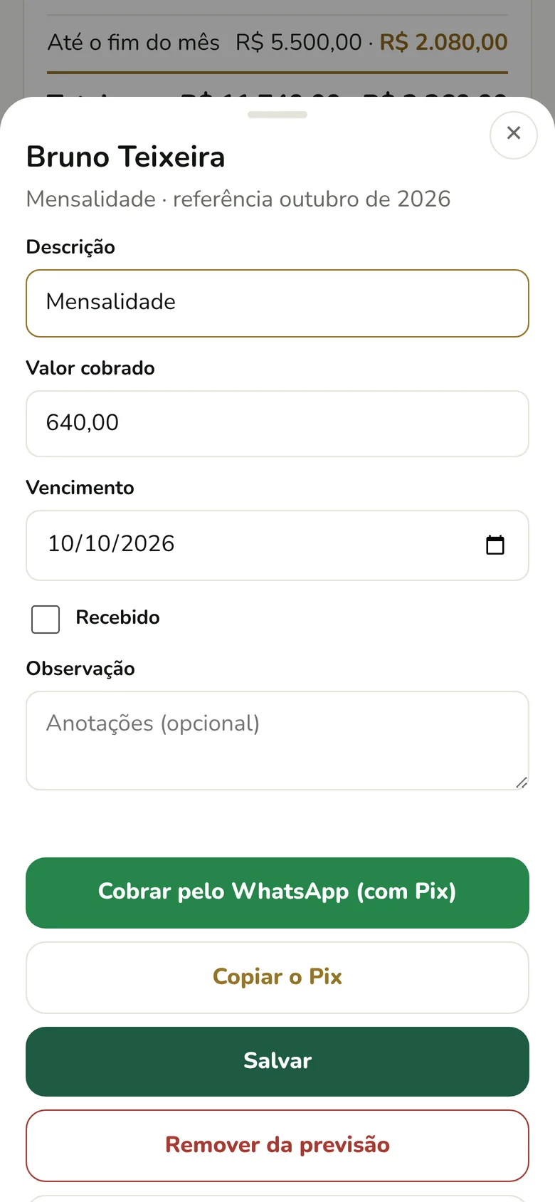 Cobrança de mensalidade com o botão Cobrar pelo WhatsApp (com Pix) e Copiar o Pix.