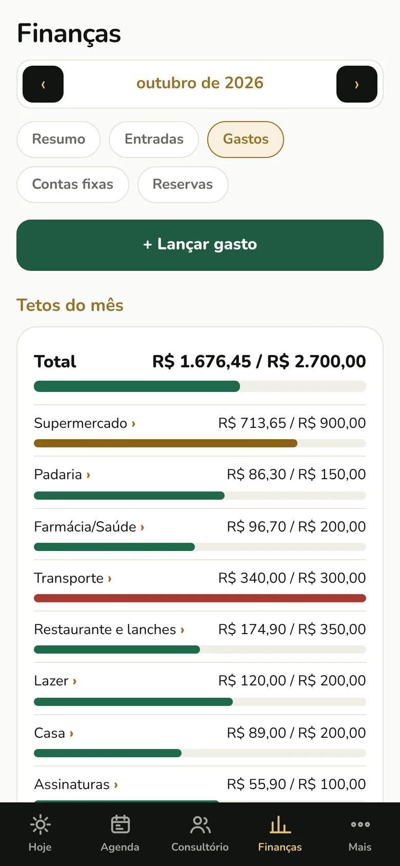 Gastos de outubro com tetos por categoria e barras de quanto já foi usado.