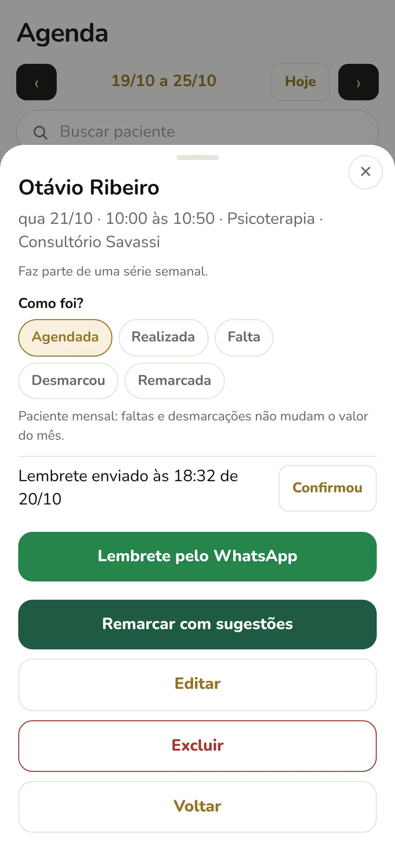 Detalhe de uma sessão: como foi, lembrete enviado, botões Lembrete pelo WhatsApp e Remarcar com sugestões.